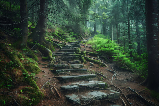Old stone stairs wind upward through a lush pine forest, surrounded by intricate roots on the forest flow 