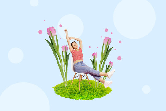 Trend composite artwork image 3d collage photo of young attractive lady hold in hands together stretching on chair huge tulips near