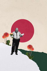 Artwork image trend sketch composite 3d collage photo of funny man hold bouquet tulip flower in...