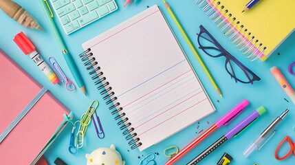 Embark on a learning adventure with this creative top view composition colorful collection of childish school supplies with blank notebook page for text or advertising. Generative Ai - obrazy, fototapety, plakaty