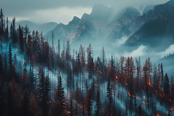 A coniferous forest in a mountainous area is engulfed in flames. Wildfire.