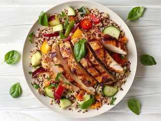 Quinoa salad with grilled chicken and vegetables on rustic background.