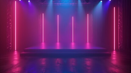 Empty dark abstract background. Background of an empty show scene. Glow of neon lights on an empty stage. Generative Ai