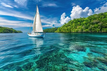 Picturesque scene of a sailing boat gliding through crystal-clear waters, with a backdrop of lush islands and a brilliant blue sky. - obrazy, fototapety, plakaty