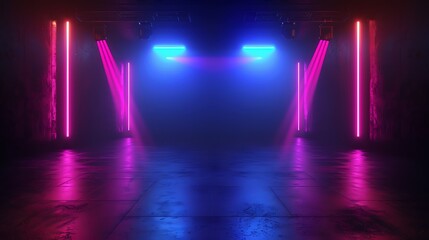 Empty dark abstract background. Background of an empty show scene. Glow of neon lights on an empty stage. Generative Ai