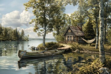 Naklejka premium Tranquil scene of a lakeside cabin, with a rowboat moored at the dock, a hammock strung between two trees, and the sound of loons calling in the distance.