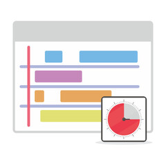 Obraz premium Time tracking sheet with timer clock. Business time management system for optimizing productivity. Flat vector graphic, colored icon illustration.