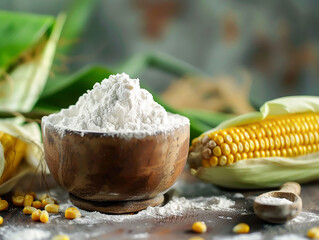 Fototapeta na wymiar bowl with corn starch on kitchen table and ear of corn.