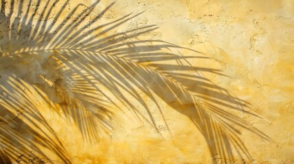 Empty palm shadow yellow color cement wall background. Used for presentation business nature organic cosmetic products for sale shop online. Summer tropical beach with minimal concept. Generative Ai