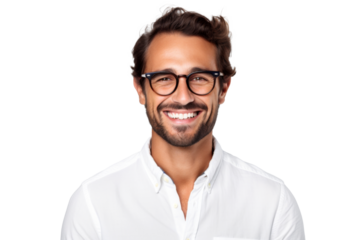 Studio portrait of handsome young Caucasian Americana man wear glasses and casual shirt with a beautiful smiling isolated on transparent png background.
