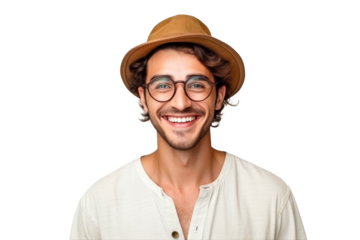 Studio portrait of handsome young Caucasian Americana man wear glasses and casual shirt with a beautiful smiling isolated on transparent png background.
