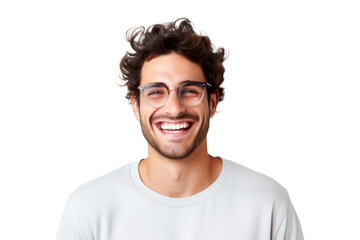 Obraz premium Studio portrait of handsome young Caucasian Americana man wear glasses and casual shirt with a beautiful smiling isolated on transparent png background.