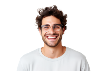 Studio portrait of handsome young Caucasian Americana man wear glasses and casual shirt with a beautiful smiling isolated on transparent png background.