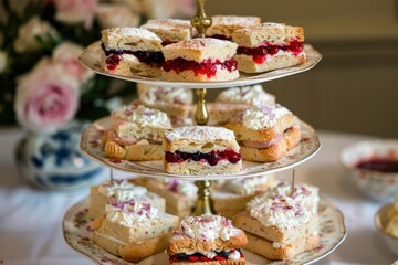 Elegant afternoon tea party, with tiered trays of finger sandwiches, scones with clotted cream and jam, and delicate petit fours.