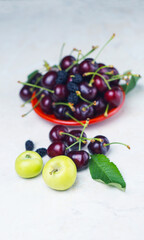 There are red cherries on a white background