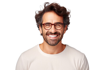 Studio portrait of handsome young Caucasian Americana man wear glasses and casual shirt with a beautiful smiling isolated on transparent png background. - obrazy, fototapety, plakaty