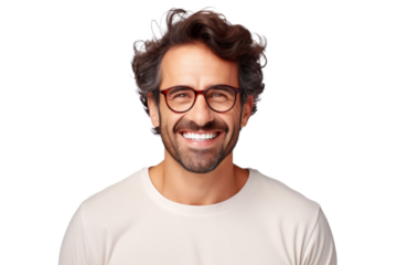 Studio portrait of handsome young Caucasian Americana man wear glasses and casual shirt with a beautiful smiling isolated on transparent png background.