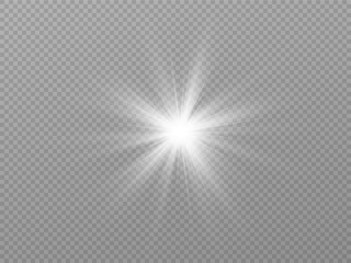 White glowing light explodes on a transparent background. with ray. Transparent shining sun, bright flash. Special lens flare light effect.	