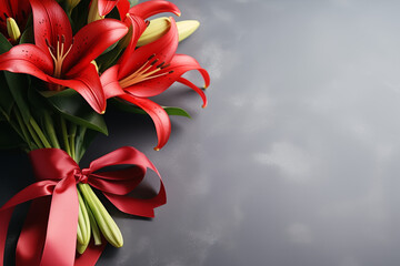 A bouquet of Lily wrapped in white paper with red ribbon bow on grey background, space for text on right, gift card for women's day
