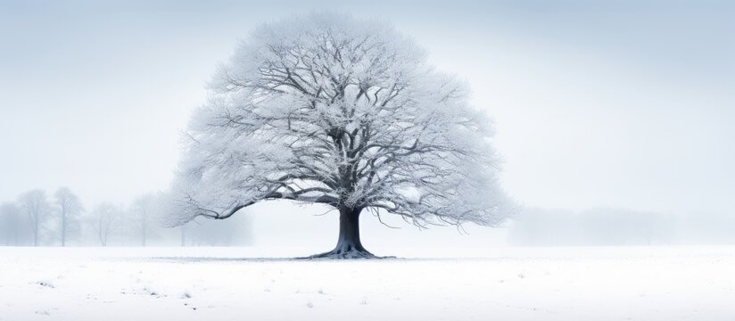 A single oak tree stands tall in a vast snowy field, surrounded by a thick fog. The white snow contrasts with the dark tree, creating a striking image.