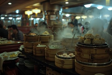 Dim sum restaurant, with carts piled high with steaming bamboo baskets filled with dumplings, buns, and other delicacies. 