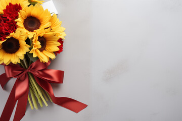 A bouquet of Sunflower wrapped in white paper with red ribbon bow on grey background, space for text on right, gift card for women's day