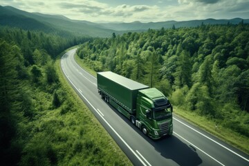 Green Semi Truck Traveling Down Road. Generative AI - obrazy, fototapety, plakaty