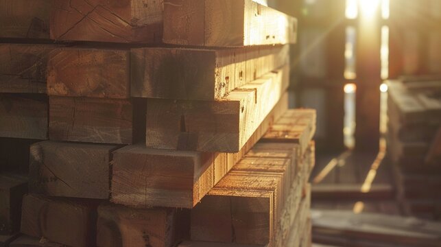 A stack of lumber bathed in golden hour sunlight, awaiting transformation into custom furniture. © ra0