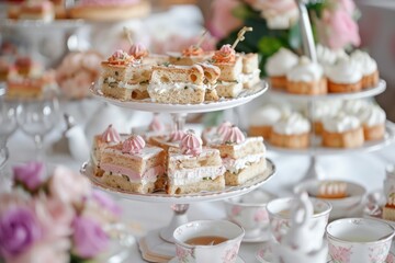 Elegant afternoon tea party, with tiered trays of finger sandwiches, scones with clotted cream and jam, and delicate petit fours.
