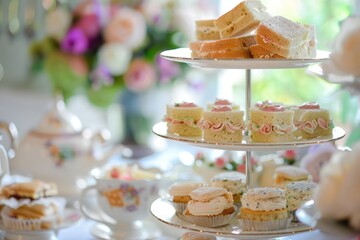 Elegant afternoon tea party, with tiered trays of finger sandwiches, scones with clotted cream and jam, and delicate petit fours. 