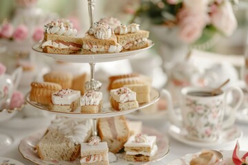Elegant afternoon tea party, with tiered trays of finger sandwiches, scones with clotted cream and jam, and delicate petit fours.
