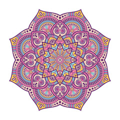 Mandala. Decorative round ornament. Isolated on white background. Arabic, Indian, ottoman motif. Pink, yellow, blue, purple colors mandala. For cards, invitations, t-shirts. Vector color illustration.
