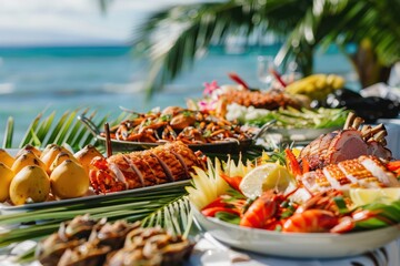 Festive luau on a tropical beach, with a pig roast, fresh seafood, and tropical fruits like pineapple and papaya served under swaying palm trees.  - obrazy, fototapety, plakaty
