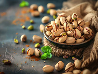 Fresh salted pistachios on rustic wooden background.