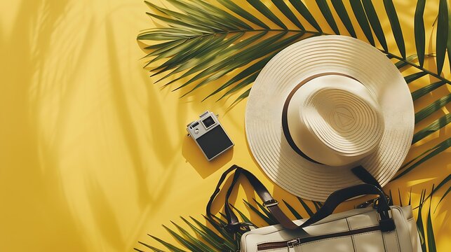 fashionable hat, camera, bag and palm leaves on a yellow background, top view. generative Ai