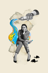 Vertical creative composite sketch photo collage of minded sad woman thinking about environmental...