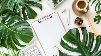 Flat lay, office desk table with top view. Workspace with empty clipboard, keyboard, office supplies, pencils, green leaves and coffee cup on white background. Generative Ai