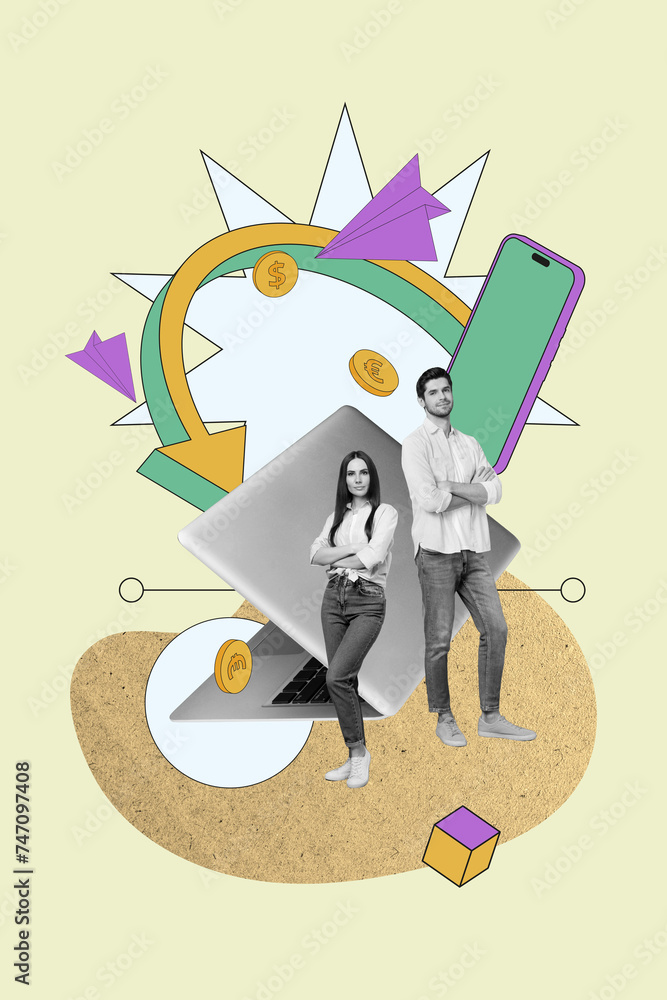 Poster vertical creative collage image of two confident business partners send message payment online devic