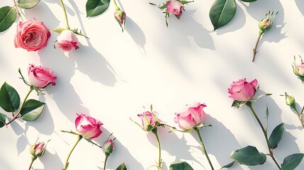 Floral composition made of beautiful pink rose buds lying on white background with sunlight. Nature concept. Summer theme. Minimal style banner. Top view. Flat lay. Generative Ai - obrazy, fototapety, plakaty