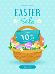 Easter Sale Coupon promotion template vector illustration. Easter eggs in a basket.