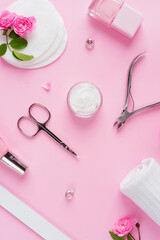 Manicure and pedicure toots on pink background for banner. spa salon for your nail. Beautu concept. flat lay