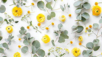 Floral composition. Pattern made of yellow flowers and eucalyptus leaves on a white background. Flat lay, top view, copy space. Generative Ai