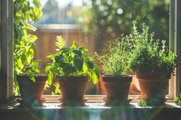 Fresh green herbs, basil, rosemary and coriander in pots placed on a window frame.