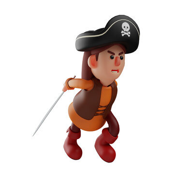  3D illustration. 3D pirate cartoon character holding a sword while running. showing an angry expression. wearing cool sea costumes. 3D Cartoon Character