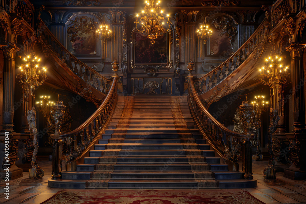 Poster ornate grand staircase with intricate carvings and glowing chandeliers in a lavish setting - generat