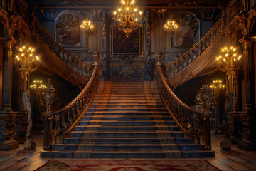Obraz premium Ornate grand staircase with intricate carvings and glowing chandeliers in a lavish setting - Generative AI
