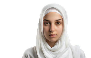 beautiful asian muslim woman wearing white shirt and white hijab posing on transparent background.copy space.