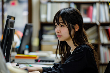 事務所で仕事する黒髪のアジア人女性。日本、台湾、韓国、中国 - obrazy, fototapety, plakaty