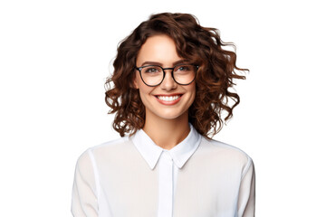 Obraz premium Studio portrait of a beautiful young Caucasian Americana business woman wear glasses and casual shirt with an attractive smile, isolated on transparent png background.