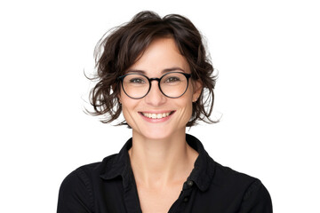Obraz premium Studio portrait of a beautiful young Caucasian Americana business woman wear glasses and casual shirt with an attractive smile, isolated on transparent png background.
